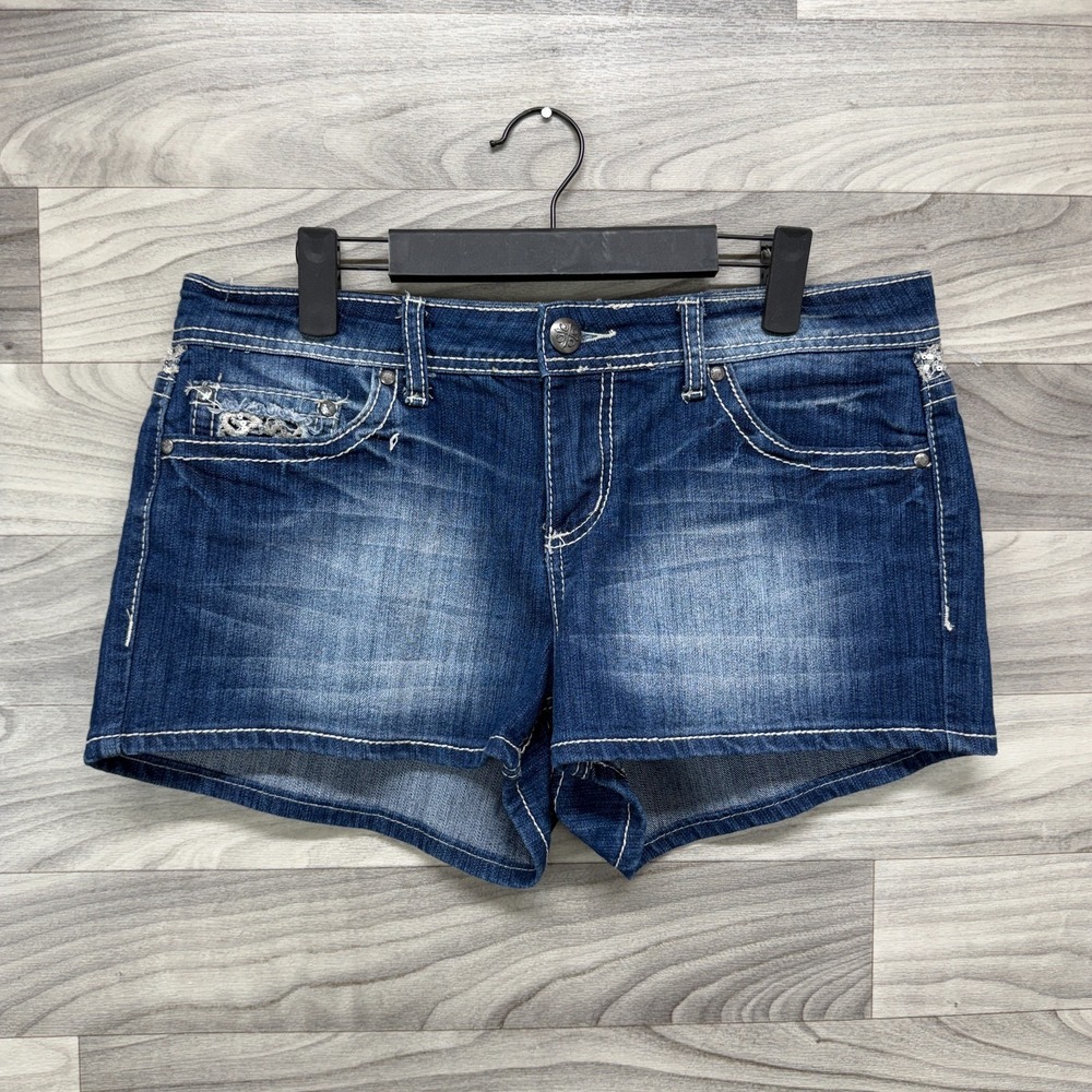 Soundgirl Jean Shorts Women's 13 Blue Denim Lace 5-Pocket Dark Wash Casual Boho
